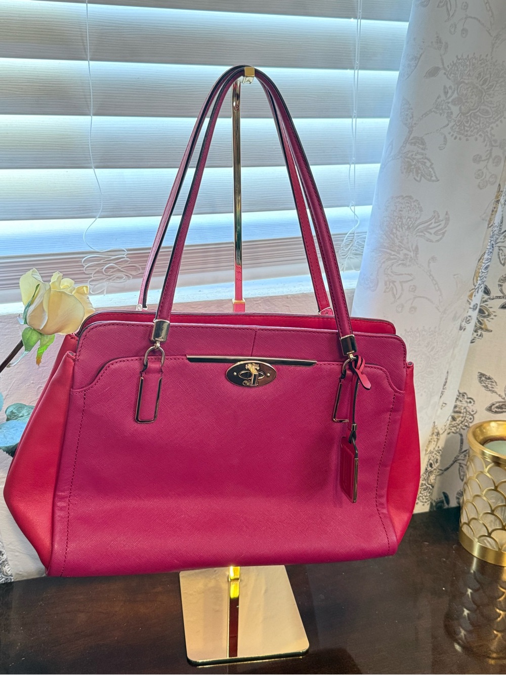 Coach Borough Turnlock Carryall Tote Crossgrain Leather Pink Fuchsia Style 25171